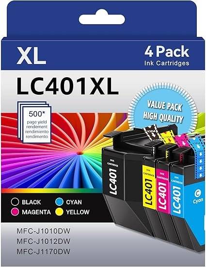 LC401XL LC401 Ink Cartridges Compatible for Brother Ink Cartridges LC401 XL to use with Brother MFC-J1010DW MFC-J1012DW MFC-J1170DW Printer Ink (Black Cyan Magenta Yellow, 4 Pack)